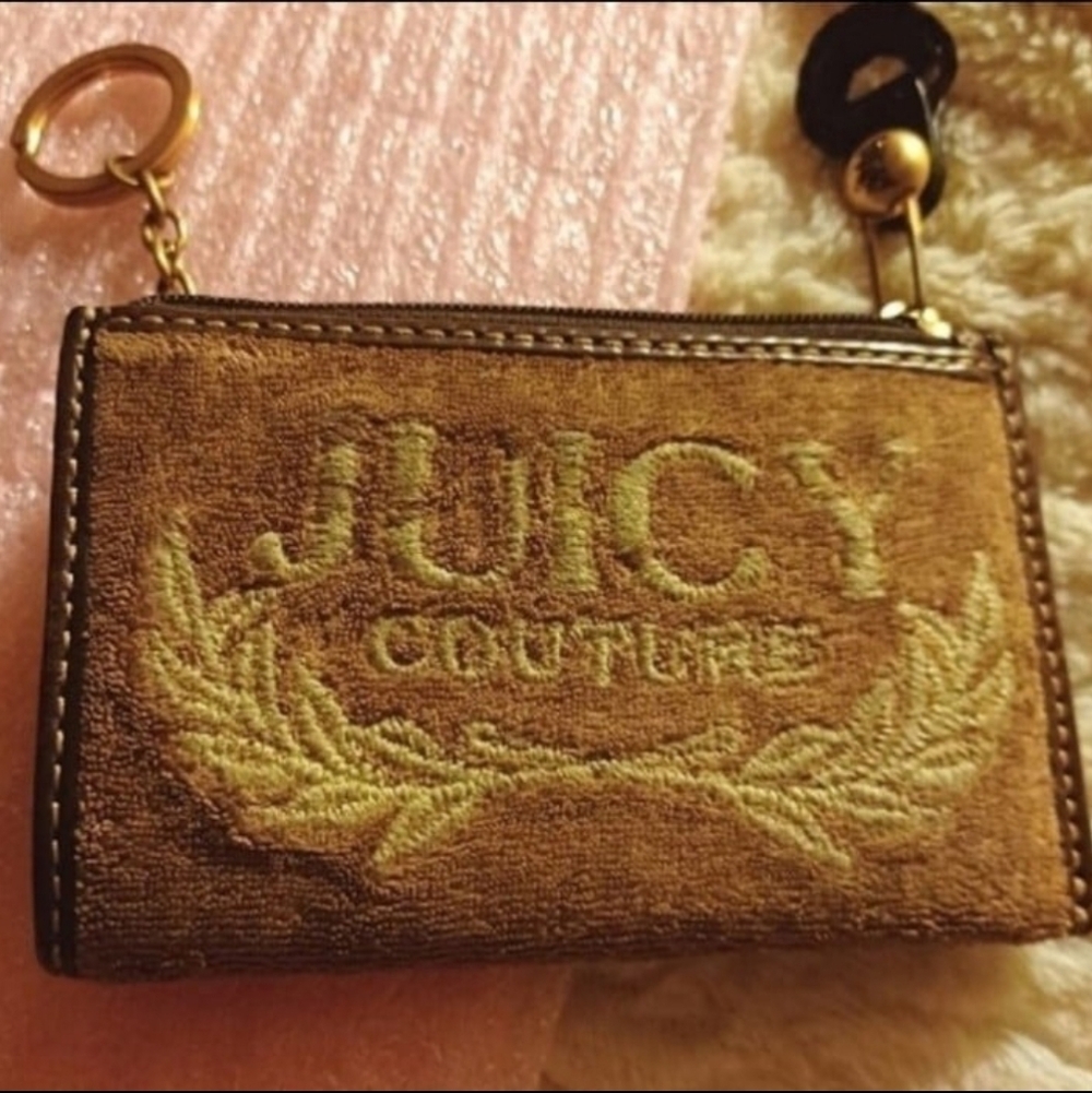 Juicy Couture Genuine Vintage Tan Velour Coin Keychain Wallet W/Brass Key Ring